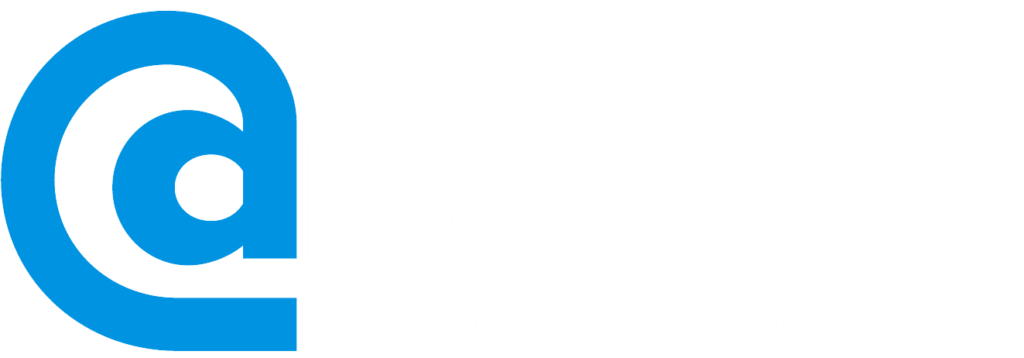 Blue and white "AIgostechs Algorithms Technologies" logo on a gray background